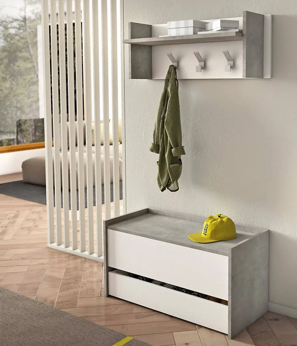 Meuble d'entrée Dap, Entrée moderne avec portemanteau, Meuble avec Etagere à chaussures, 50x32h182 cm, Ciment et Blanc