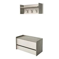 Meuble d'entrée Dap, Entrée moderne avec portemanteau, Meuble avec Etagere à chaussures, 50x32h182 cm, Ciment et Blanc