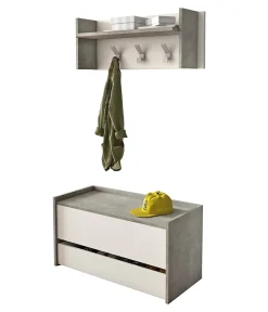 Meuble d'entrée Dap, Entrée moderne avec portemanteau, Meuble avec Etagere à chaussures, 50x32h182 cm, Ciment et Blanc