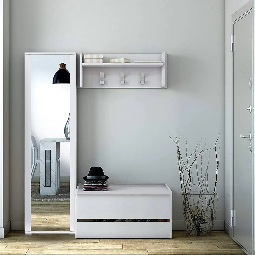 Meuble d'entrée Dap, Entrée moderne avec portemanteau, Armoire multifonctionnelle, 50x32h182 cm, Blanc