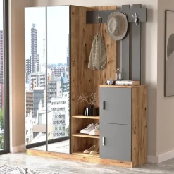 Meuble d'entrée design bois et gris avec miroir - ANKA