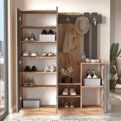 Meuble d'entrée design bois et gris avec miroir - ANKA
