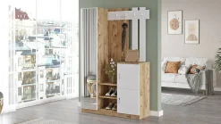 Meuble d'entrée Dgagn, Crochet d'entrée, Console de rangement multifonction, 114x38h180 cm, Chêne et Blanc