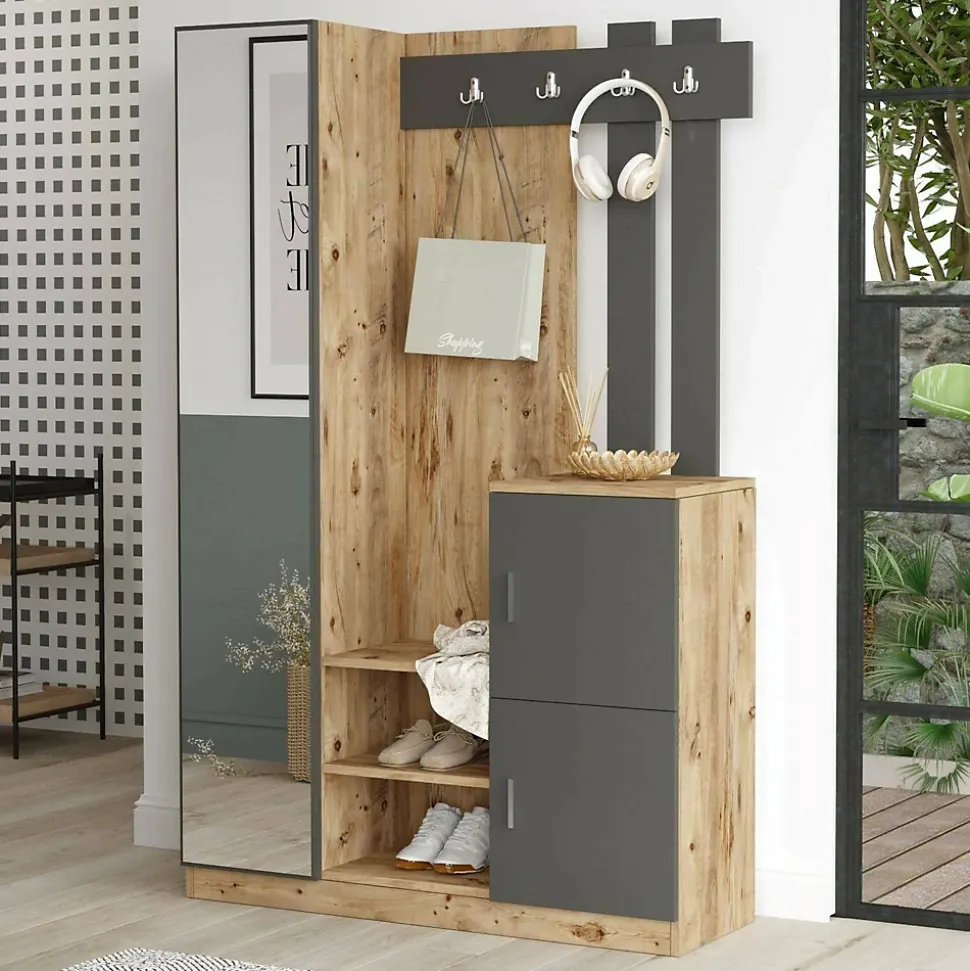 Meuble d'entrée Dgagn, Crochet d'entrée, Console de rangement multifonction, 114x38h180 cm, Chêne et Anthracite