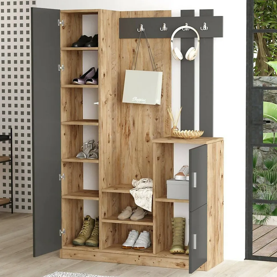 Meuble d'entrée Dgagn, Crochet d'entrée, Console de rangement multifonction, 114x38h180 cm, Chêne et Anthracite