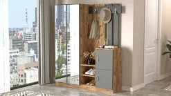 Meuble d'entrée Dgautier, Crochet d'entrée, Console de rangement multifonction, 147x38h180 cm, Chêne et Anthracite
