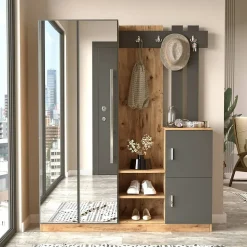 Meuble d'entrée Dgautier, Crochet d'entrée, Console de rangement multifonction, 147x38h180 cm, Chêne et Anthracite