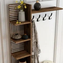 Meuble d'entrée Dghilard, Crochet d'entrée, Console de rangement multifonction, 90x35h200 cm, Noyer et Blanc