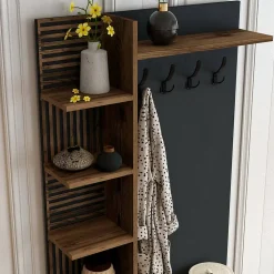 Meuble d'entrée Dghilard, Crochet d'entrée, Console de rangement multifonction, 90x35h200 cm, Noyer et Anthracite