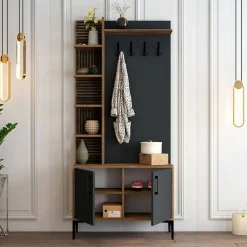 Meuble d'entrée Dghilard, Crochet d'entrée, Console de rangement multifonction, 90x35h200 cm, Noyer et Anthracite