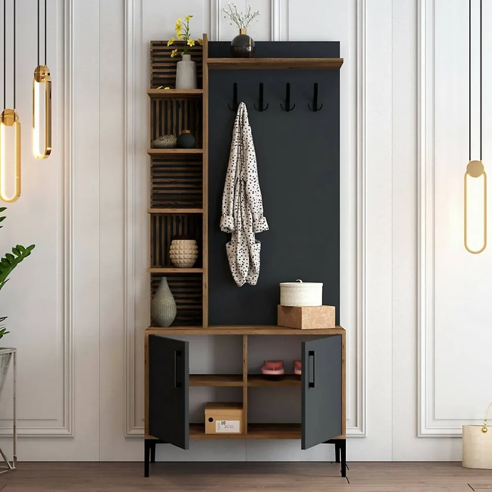 Meuble d'entrée Dghilard, Crochet d'entrée, Console de rangement multifonction, 90x35h200 cm, Noyer et Anthracite