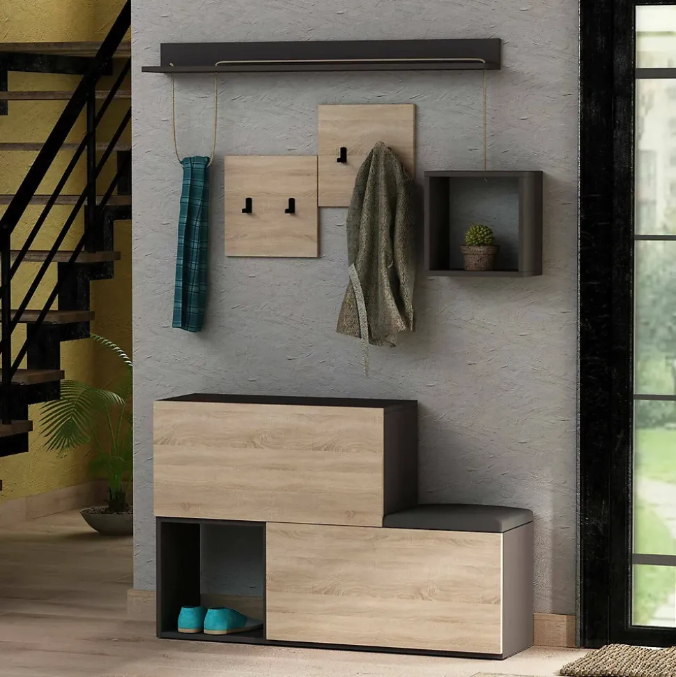 Meuble d'entrée Dgiorgin, Crochet d'entrée, Console de rangement multifonction, 120x17h76 cm, Anthracite et chêne