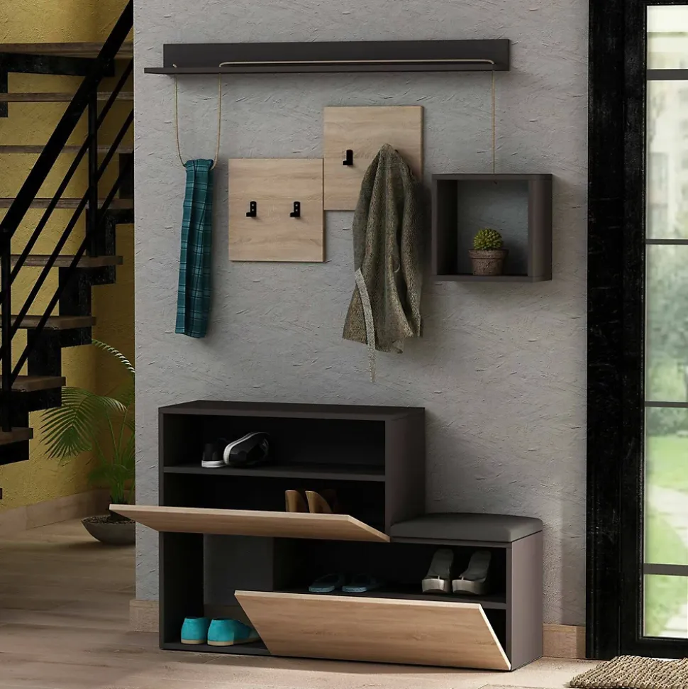 Meuble d'entrée Dgiorgin, Crochet d'entrée, Console de rangement multifonction, 120x17h76 cm, Anthracite et chêne
