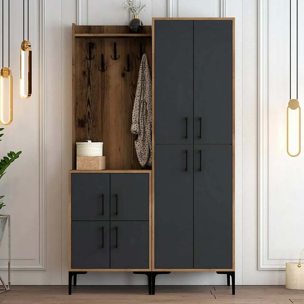 Meuble d'entrée Dgottard, Crochet d'entrée, Console de rangement multifonction, 120x35h200 cm, Noyer et Anthracite