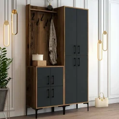 Meuble d'entrée Dgottard, Crochet d'entrée, Console de rangement multifonction, 120x35h200 cm, Noyer et Anthracite