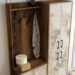 Meuble d'entrée Dgottard, Crochet d'entrée, Console de rangement multifonction, 120x35h200 cm, Noyer et Marbre Blanc