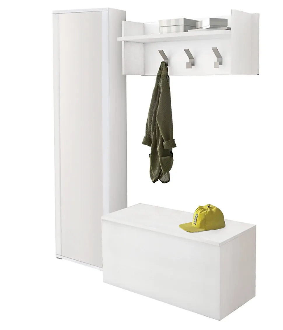 Meuble d'entrée Djohnse, Entrée moderne avec portemanteau, Armoire avec miroir, Cm 50x32h182, Blanc