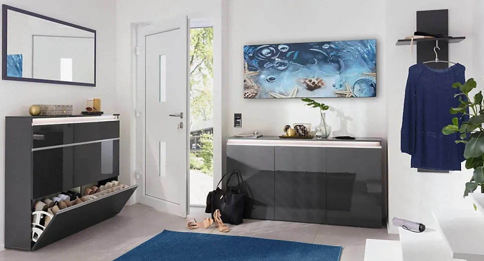 Meuble d'entrée Dlentin, entrée multifonction moderne, casier polyvalent pour hall d'entrée, 50x27h140 cm, anthracite brillant