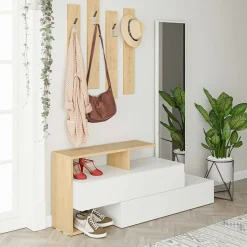 Meuble d'entrée Dmartne, Crochet d'entrée, Console de rangement multifonction, 137x35h55 cm, Blanc et chêne