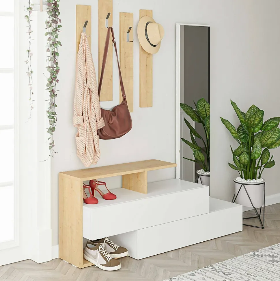 Meuble d'entrée Dmartne, Crochet d'entrée, Console de rangement multifonction, 137x35h55 cm, Blanc et chêne