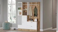 Meuble d'entrée Dmasiell, Crochet d'entrée, Console de rangement multifonction, 140x37h182 cm, Chêne et Blanc