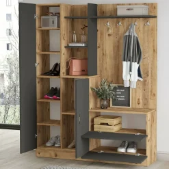 Meuble d'entrée Dmasiell, Crochet d'entrée, Console de rangement multifonction, 140x37h182 cm, Chêne et Anthracite