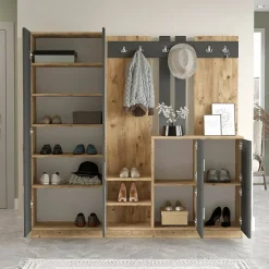 Meuble d'entrée Dnikolao, Crochet d'entrée, Console de rangement multifonction, 187x38h180 cm, Chêne et Anthracite