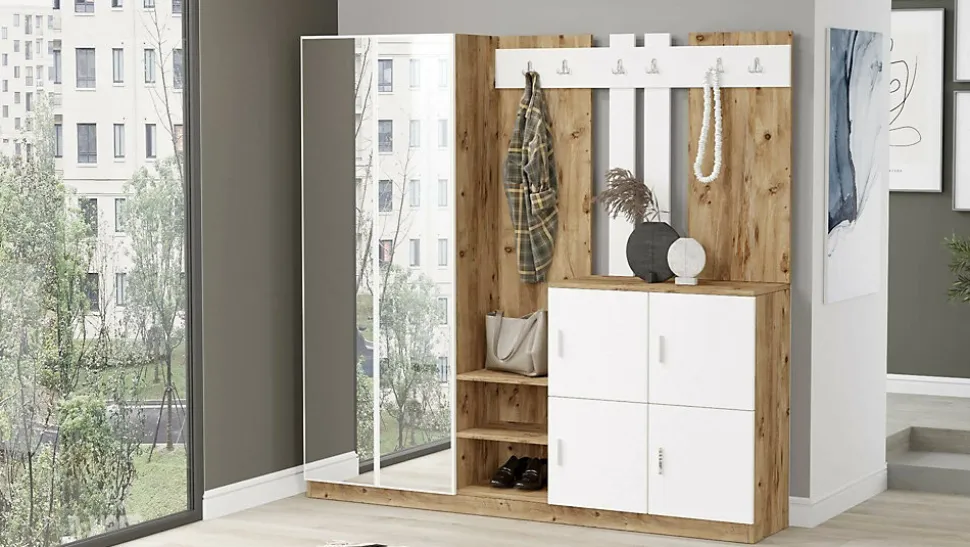 Meuble d'entrée Dnikolao, Crochet d'entrée, Console de rangement multifonction, 187x38h180 cm, Chêne et Blanc