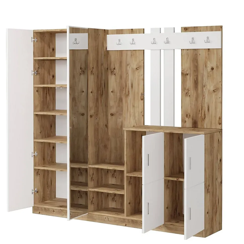 Meuble d'entrée Dnikolao, Crochet d'entrée, Console de rangement multifonction, 187x38h180 cm, Chêne et Blanc