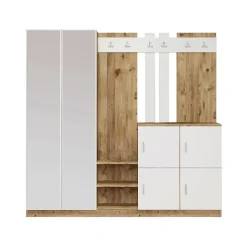 Meuble d'entrée Dnikolao, Crochet d'entrée, Console de rangement multifonction, 187x38h180 cm, Chêne et Blanc