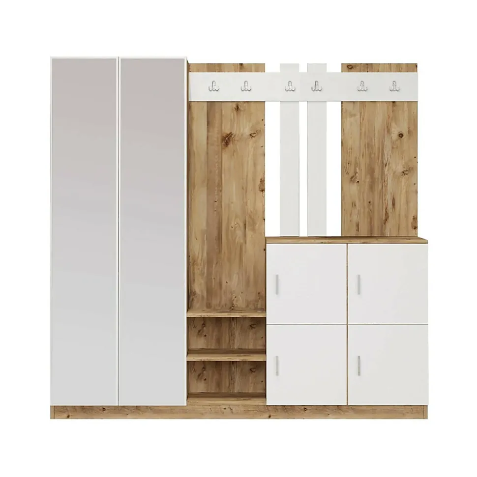 Meuble d'entrée Dnikolao, Crochet d'entrée, Console de rangement multifonction, 187x38h180 cm, Chêne et Blanc