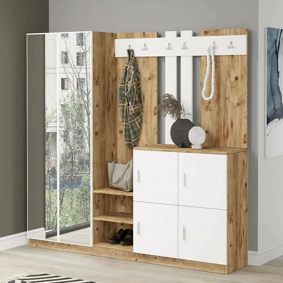 Meuble d'entrée Dnikolao, Crochet d'entrée, Console de rangement multifonction, 187x38h180 cm, Chêne et Blanc