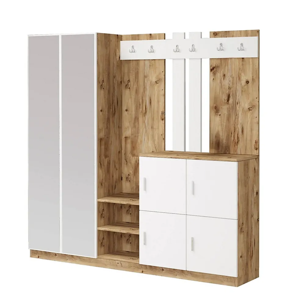 Meuble d'entrée Dnikolao, Crochet d'entrée, Console de rangement multifonction, 187x38h180 cm, Chêne et Blanc