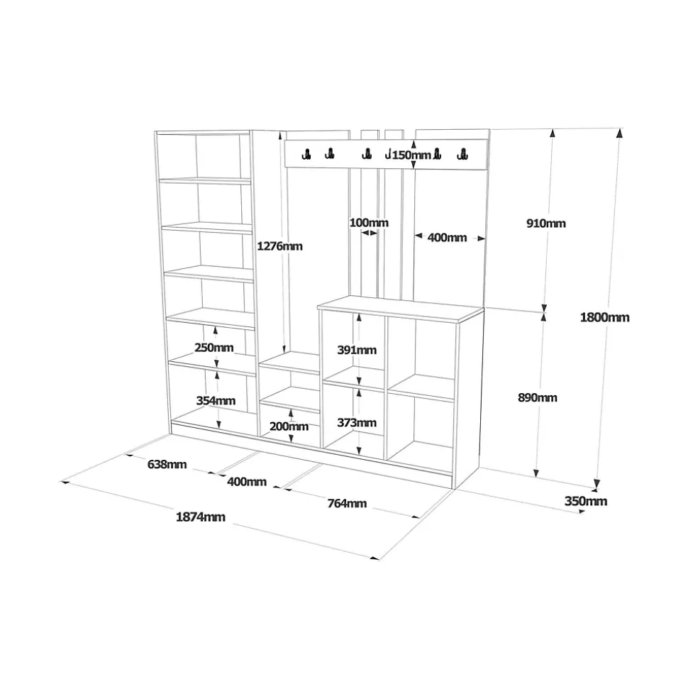 Meuble d'entrée Dnikolao, Crochet d'entrée, Console de rangement multifonction, 187x38h180 cm, Chêne et Blanc