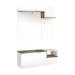 Meuble d'entrée Dpace, entrée multifonction moderne, casier polyvalent pour hall d'entrée, 120x40h54 cm, blanc brillant et Erable
