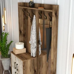 Meuble d'entrée Dperron, Crochet d'entrée, Console de rangement multifonction, 120x35h200 cm, Noyer et Blanc