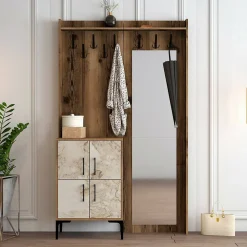 Meuble d'entrée Dperron, Crochet d'entrée, Console de rangement multifonction, 120x35h200 cm, Noyer et Blanc