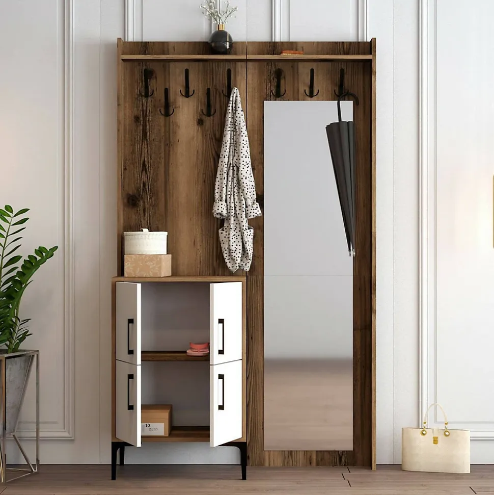 Meuble d'entrée Dperron, Crochet d'entrée, Console de rangement multifonction, 120x35h200 cm, Noyer et Blanc