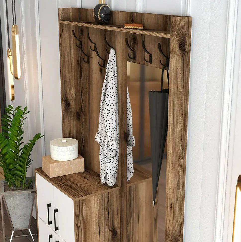 Meuble d'entrée Dperron, Crochet d'entrée, Console de rangement multifonction, 120x35h200 cm, Noyer et Blanc