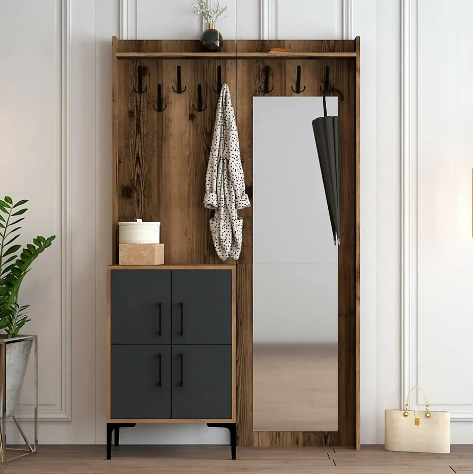 Meuble d'entrée Dperron, Crochet d'entrée, Console de rangement multifonction, 120x35h200 cm, Noyer et Anthracite