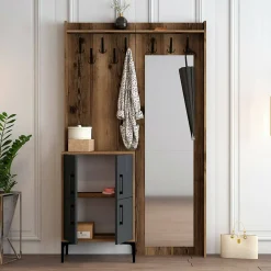 Meuble d'entrée Dperron, Crochet d'entrée, Console de rangement multifonction, 120x35h200 cm, Noyer et Anthracite