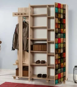 Meuble d'entrée Dpionett, Crochet d'entrée, Console de rangement multifonction, 135x36h194 cm, Chêne et Multicolore