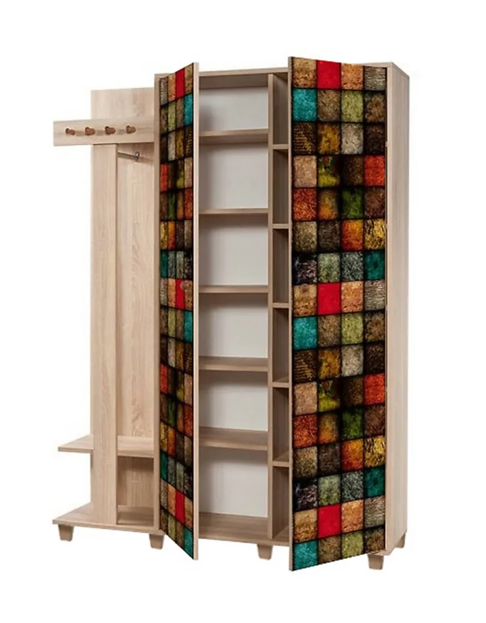 Meuble d'entrée Dpionett, Crochet d'entrée, Console de rangement multifonction, 135x36h194 cm, Chêne et Multicolore