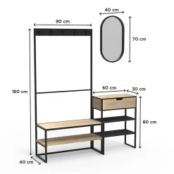 Meuble d'entrée en métal noir et bois 5 patères 2 tablettes et range chaussures l. 150 cm Homesight Oslo