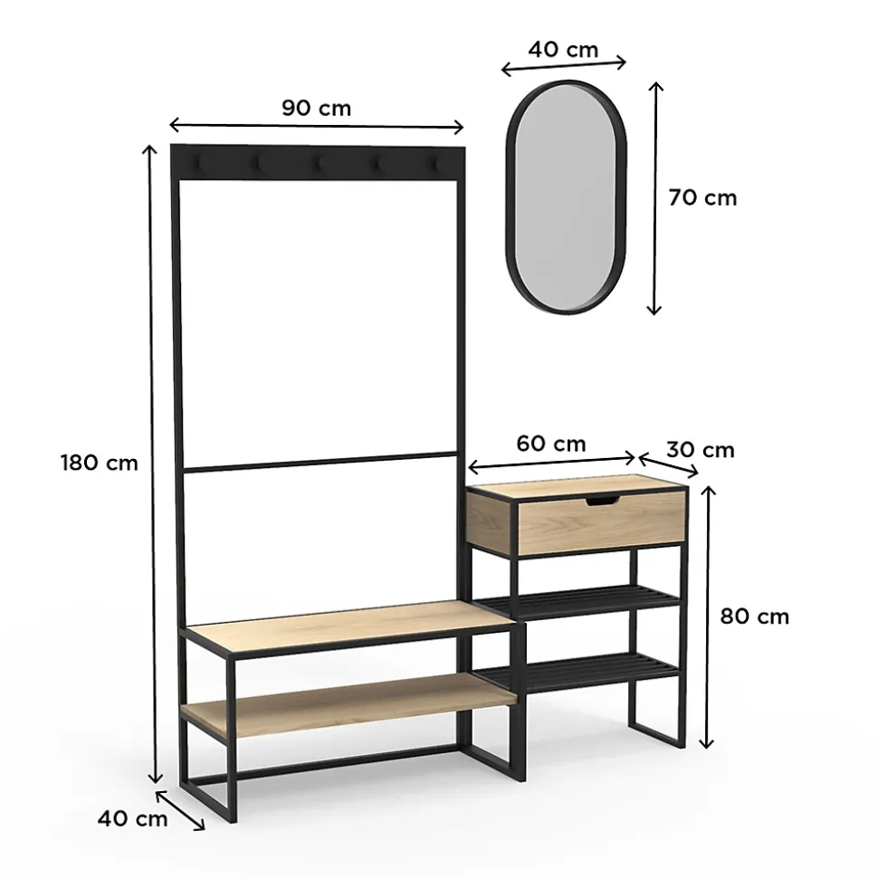 Meuble d'entrée en métal noir et bois 5 patères 2 tablettes et range chaussures l. 150 cm Homesight Oslo