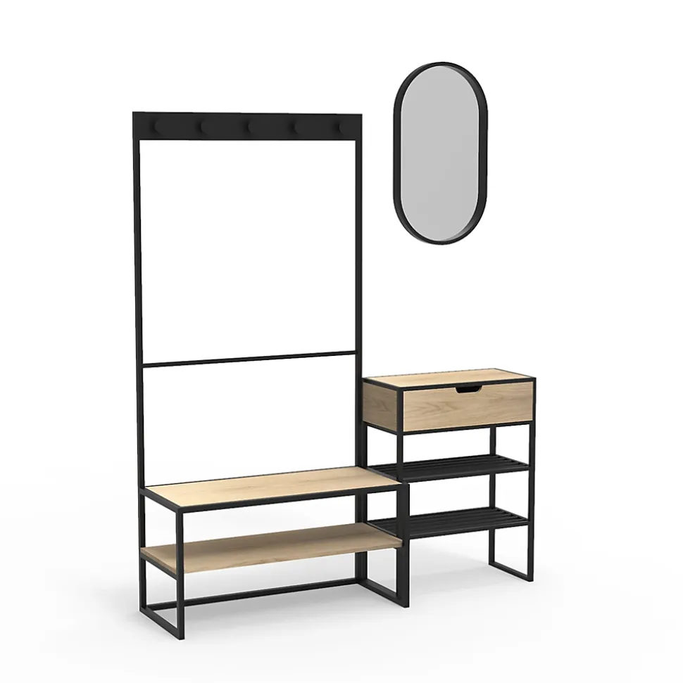 Meuble d'entrée en métal noir et bois 5 patères 2 tablettes et range chaussures l. 150 cm Homesight Oslo