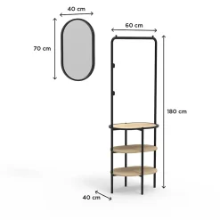 Meuble d'entrée en métal noir et bois 2 patères 3 étagères et miroir l. 100 cm Homesight Oslo