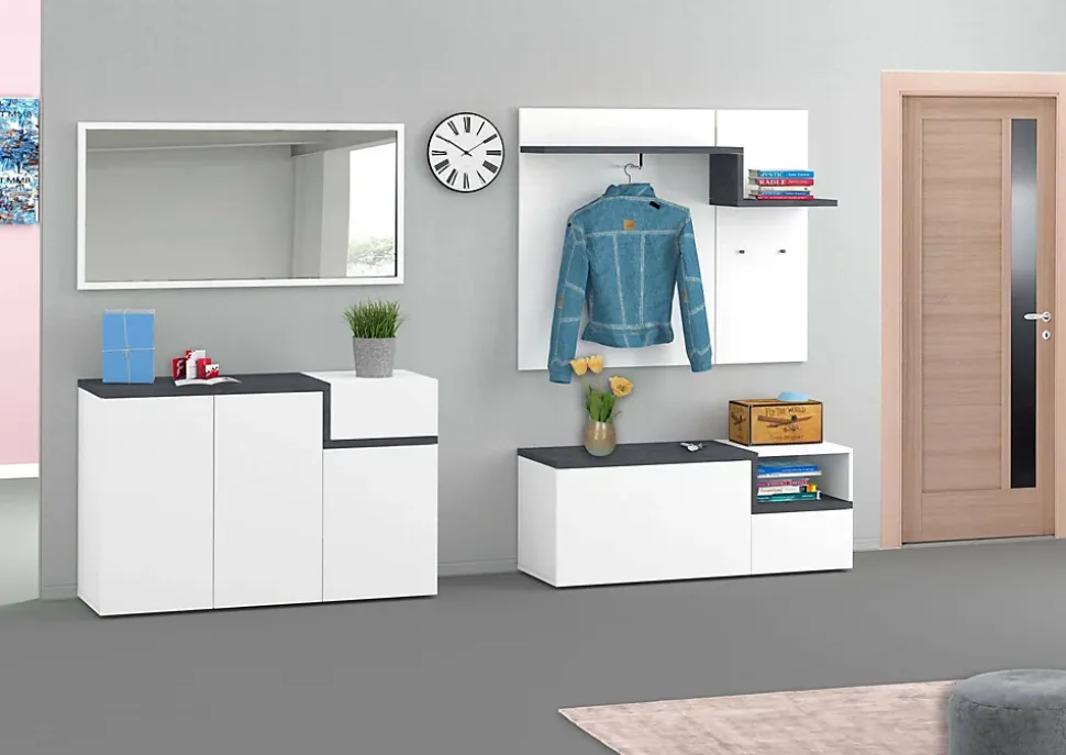 Meuble d'entrée Ezio, entrée multifonction moderne, casier polyvalent pour hall d'entrée, 120x30h100 cm, blanc brillant et ardoise