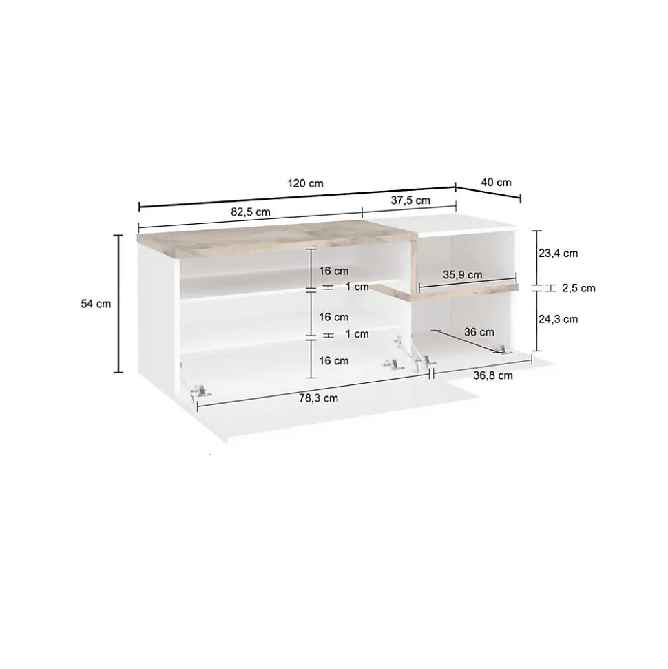 Meuble d'entrée Flavio, entrée multifonction moderne, casier polyvalent pour hall d'entrée, 120x40h54 cm, blanc brillant et érable