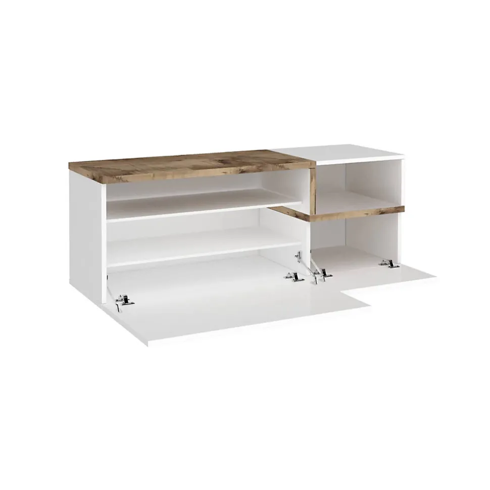Meuble d'entrée Flavio, entrée multifonction moderne, casier polyvalent pour hall d'entrée, 120x40h54 cm, blanc brillant et érable